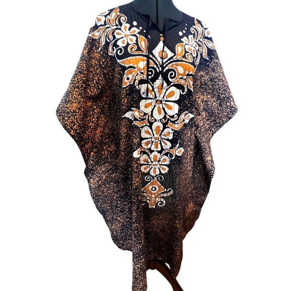 Handmade Navy & Peach Batik Kaftan Dress With Floral Patterns & Tie Neckline S - Picture 2 of 8